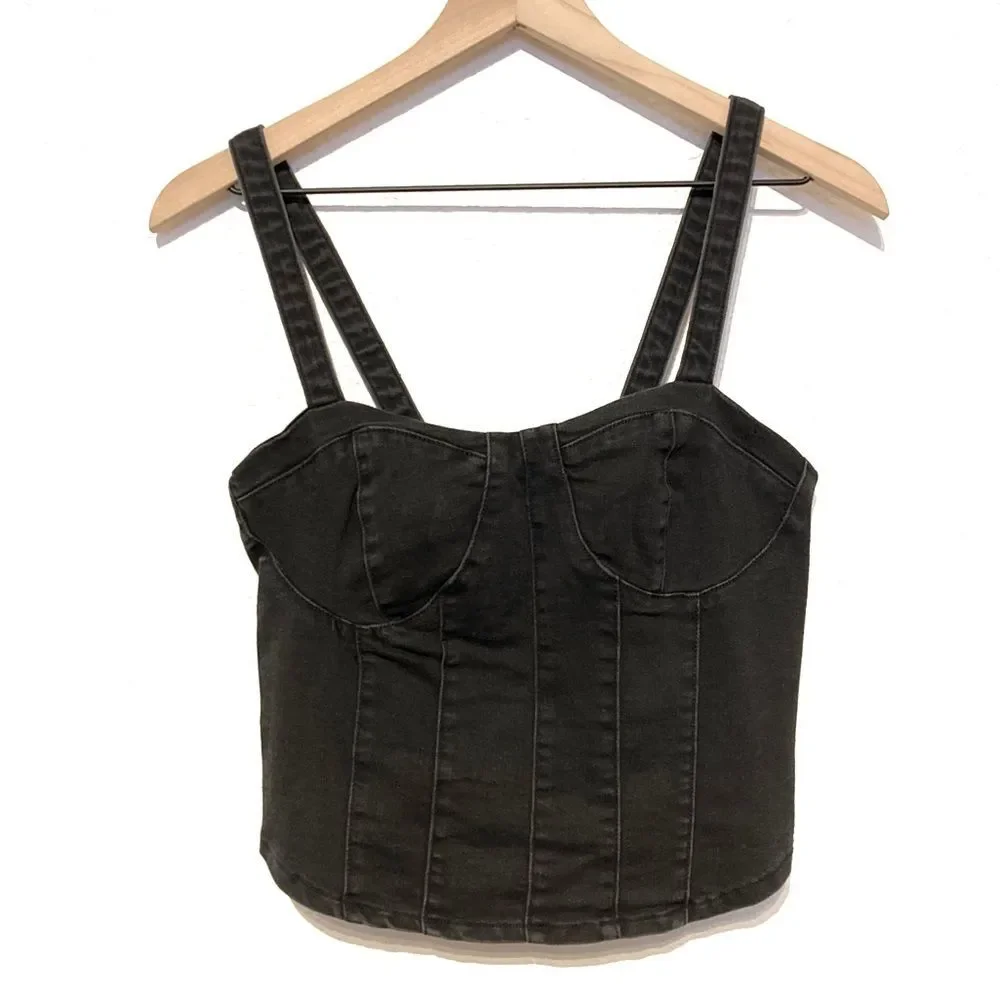 Oat New York Black Denim Bustier Crop Top Small